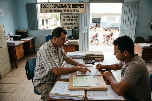 Despachante assistindo cliente na transferência de veículo em Breves.